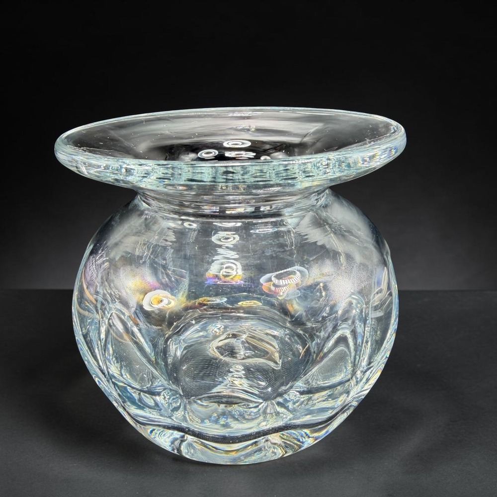 Blenko Clear Optic Glass Rose Bowl Vase Hand Blown Flared Rim Heavy Glass 4 Inch